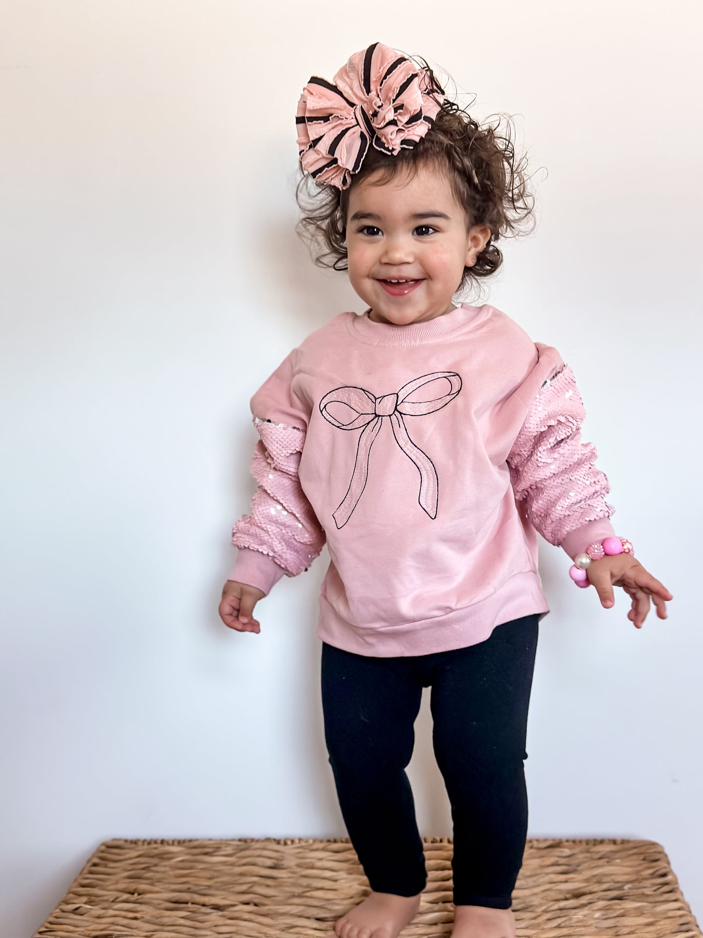 Bow Sequin Sleeve Crewneck