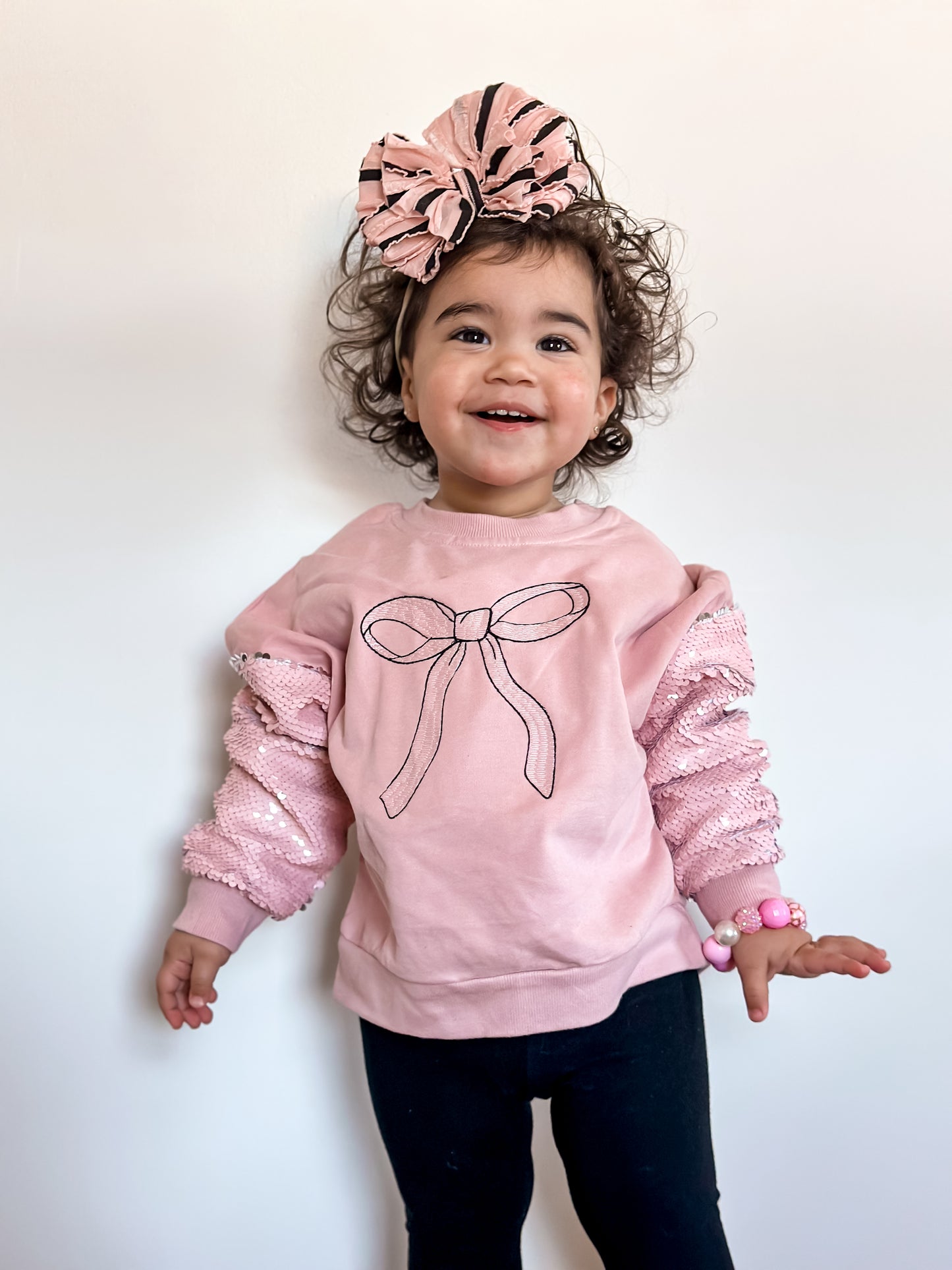 Bow Sequin Sleeve Crewneck