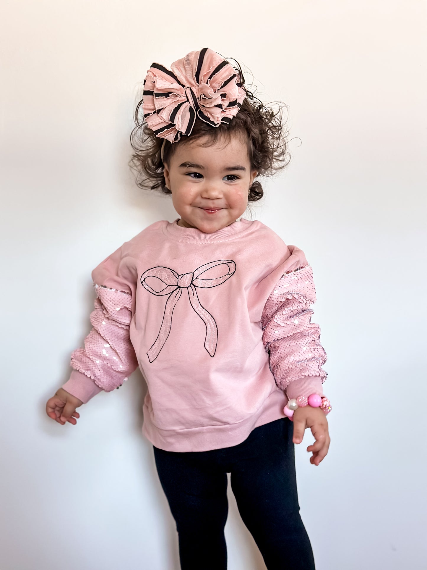 Bow Sequin Sleeve Crewneck